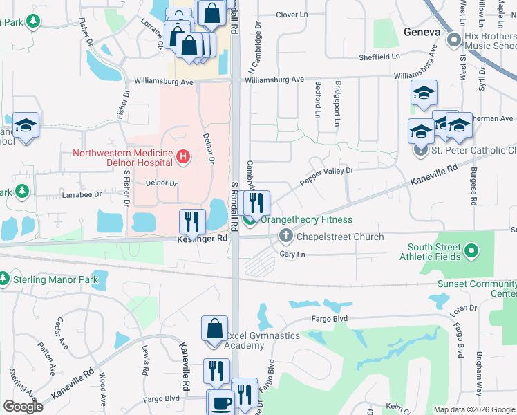 map of restaurants, bars, coffee shops, grocery stores, and more near 2332 Danbury Court in Geneva