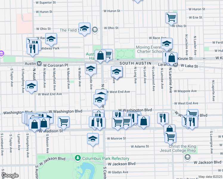map of restaurants, bars, coffee shops, grocery stores, and more near 204 North Pine Avenue in Chicago