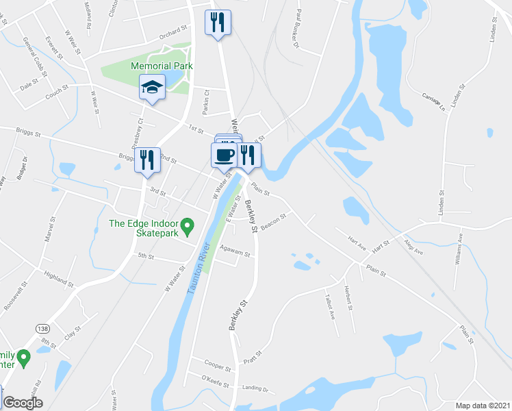 map of restaurants, bars, coffee shops, grocery stores, and more near 36 Berkley Street in Taunton