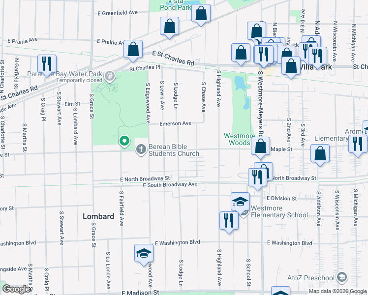 map of restaurants, bars, coffee shops, grocery stores, and more near 706 East Maple Street in Lombard