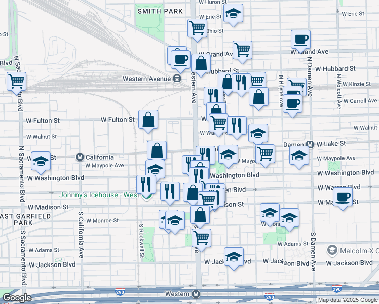 map of restaurants, bars, coffee shops, grocery stores, and more near 2410 West Lake Street in Chicago