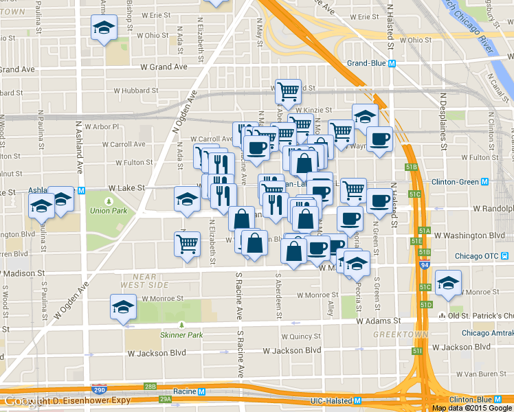 map of restaurants, bars, coffee shops, grocery stores, and more near 1140 W Randolph St in Chicago