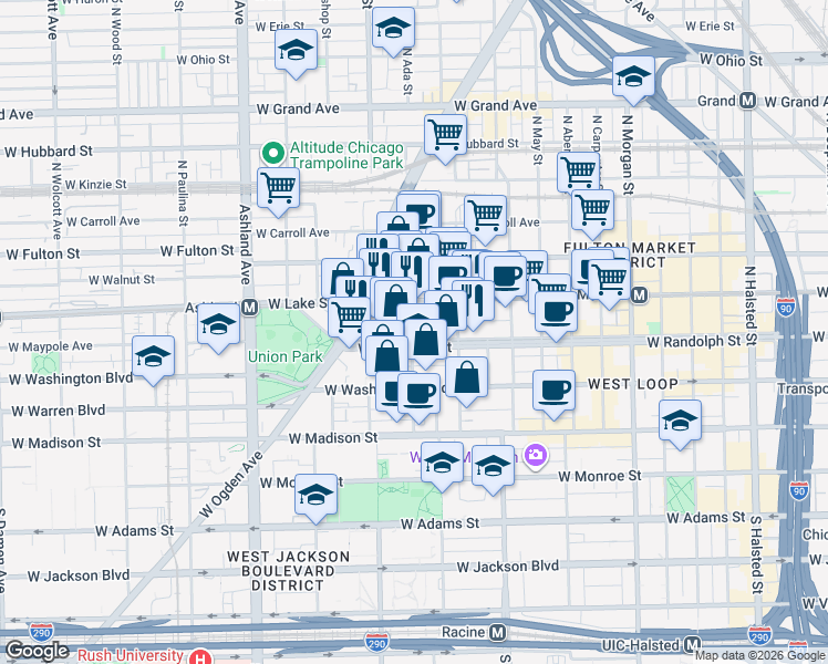 map of restaurants, bars, coffee shops, grocery stores, and more near 1342 West Randolph Street in Chicago