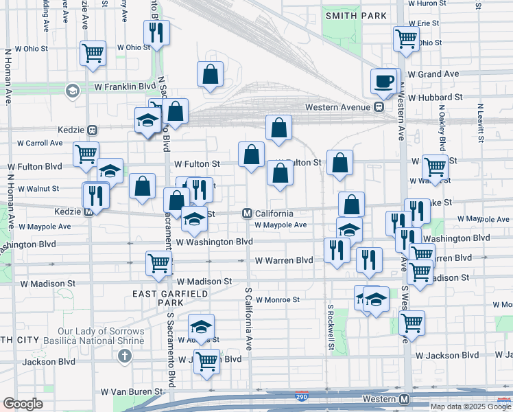 map of restaurants, bars, coffee shops, grocery stores, and more near 2750 W Lake St in Chicago