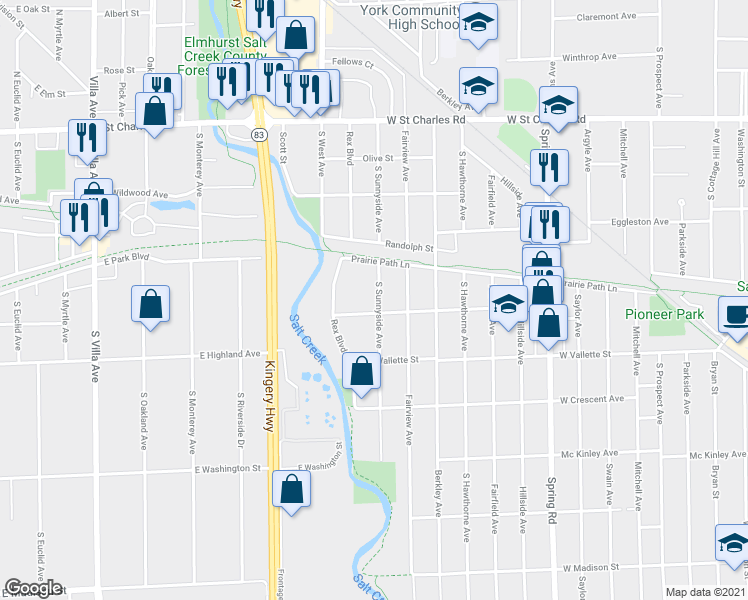 map of restaurants, bars, coffee shops, grocery stores, and more near 524 South Sunnyside Avenue in Elmhurst