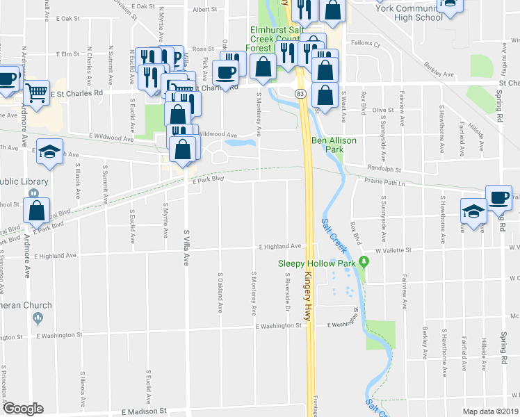 map of restaurants, bars, coffee shops, grocery stores, and more near 231 South Monterey Avenue in Villa Park