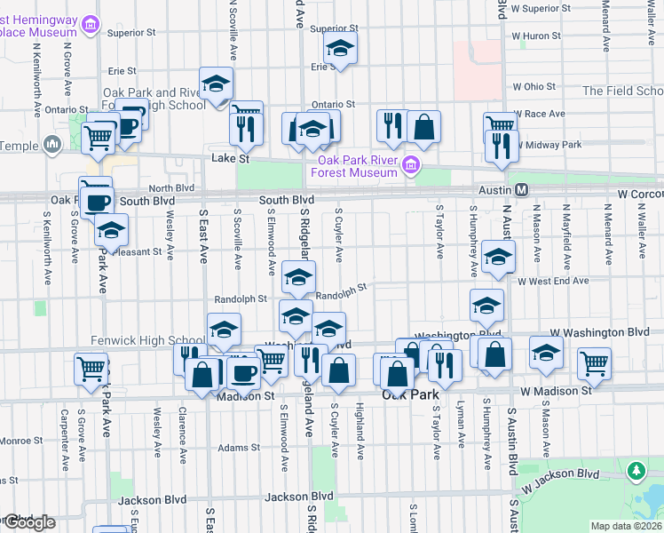 map of restaurants, bars, coffee shops, grocery stores, and more near 217 South Cuyler Avenue in Oak Park