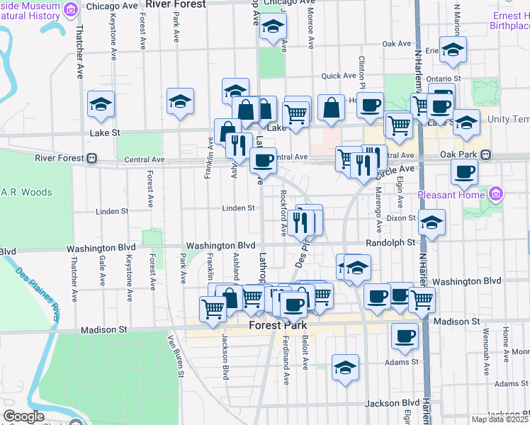 map of restaurants, bars, coffee shops, grocery stores, and more near 120 Lathrop Avenue in Forest Park