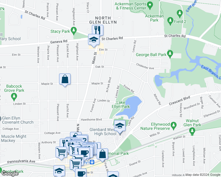 map of restaurants, bars, coffee shops, grocery stores, and more near 685 North Park Boulevard in Glen Ellyn