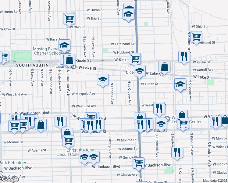 map of restaurants, bars, coffee shops, grocery stores, and more near 201 North Laporte Avenue in Chicago