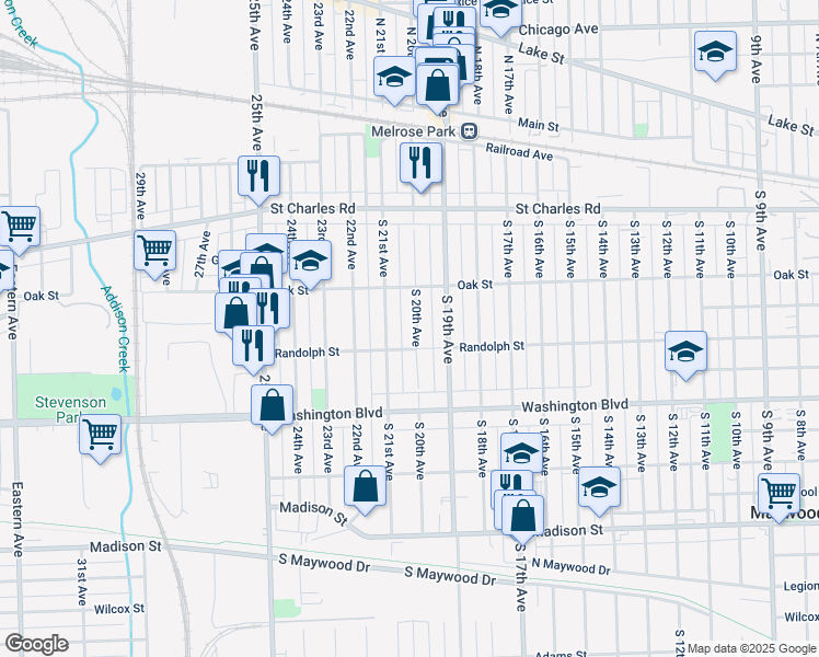 map of restaurants, bars, coffee shops, grocery stores, and more near 232 South 20th Avenue in Maywood