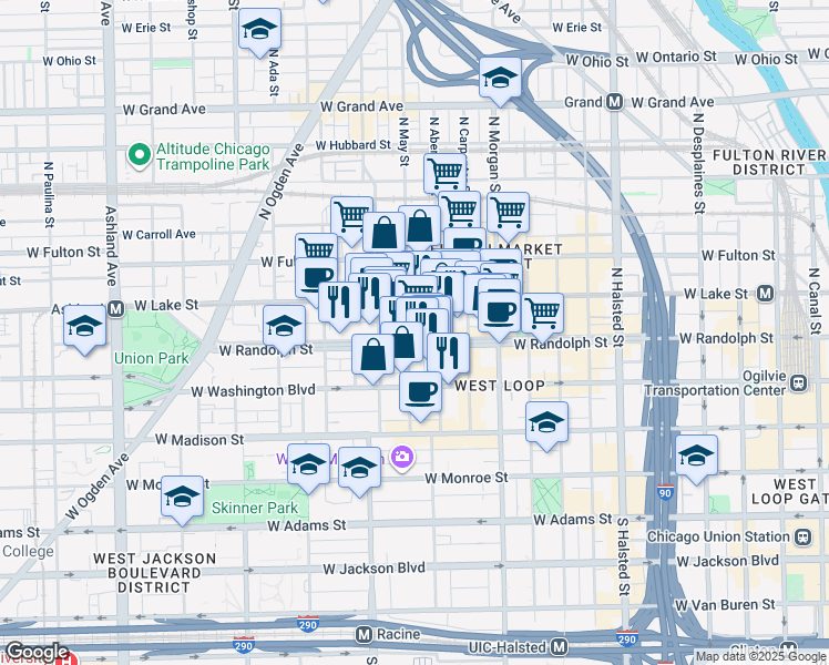 map of restaurants, bars, coffee shops, grocery stores, and more near 1116 West Randolph Street in Chicago