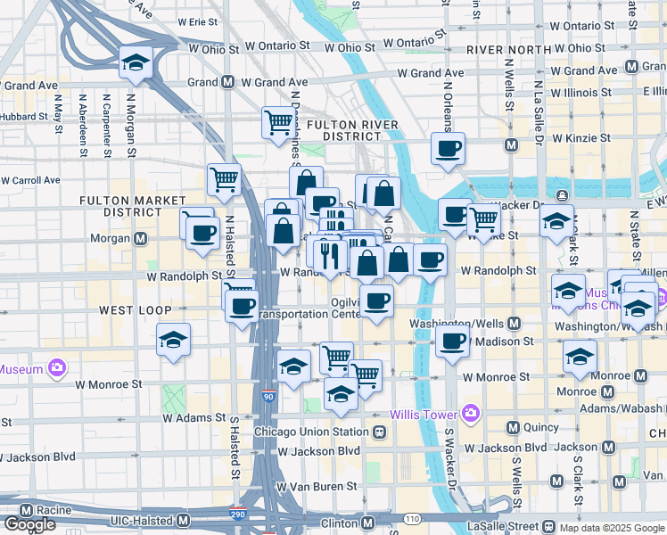 map of restaurants, bars, coffee shops, grocery stores, and more near 564 West Randolph Street in Chicago
