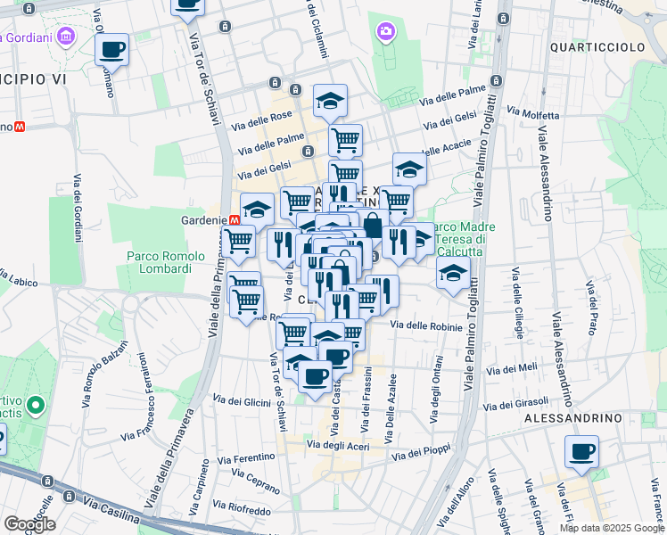 map of restaurants, bars, coffee shops, grocery stores, and more near 142 Via dei Castani in Rome