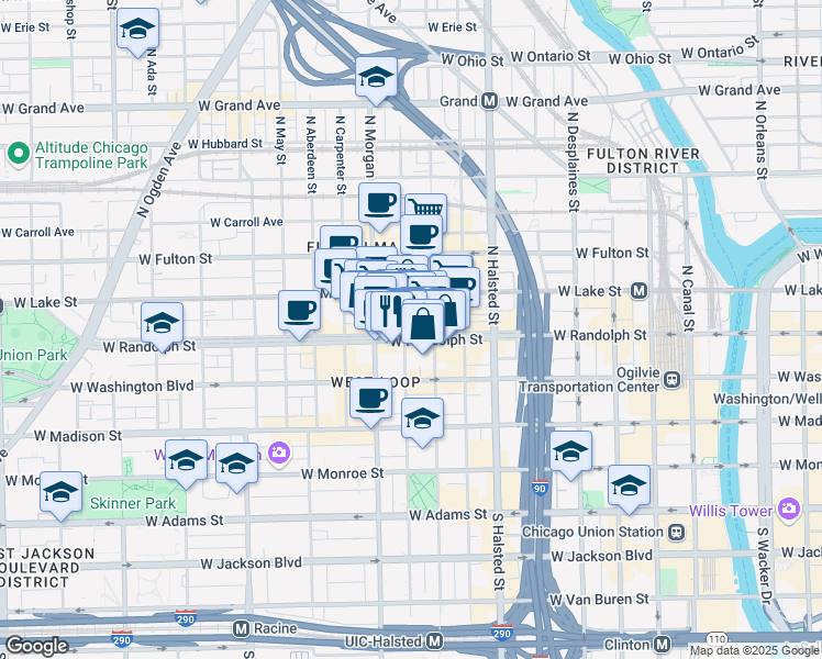 map of restaurants, bars, coffee shops, grocery stores, and more near 920 West Randolph Street in Chicago