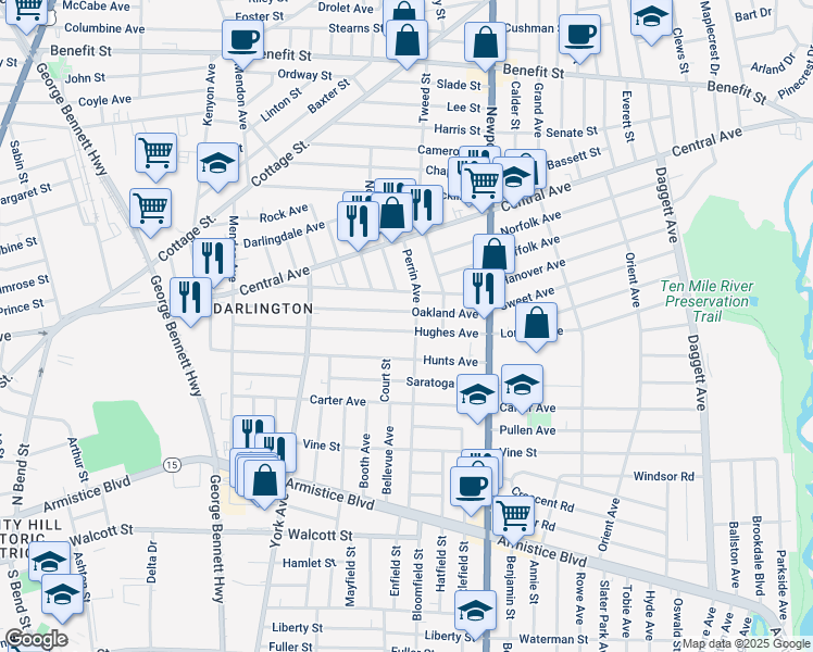 map of restaurants, bars, coffee shops, grocery stores, and more near 202 Hughes Avenue in Pawtucket