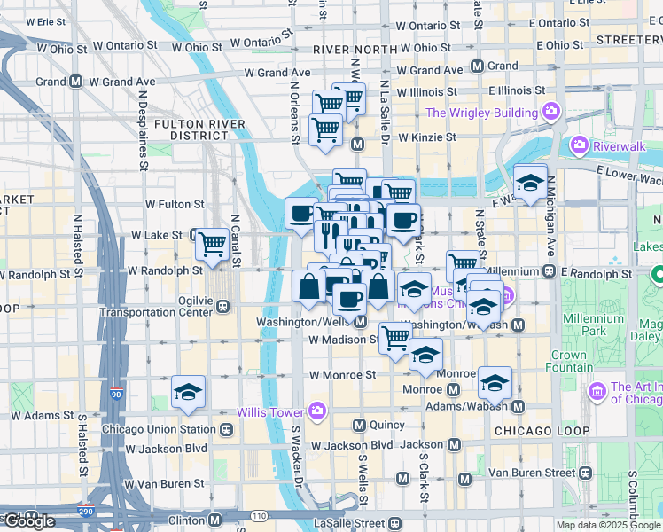 map of restaurants, bars, coffee shops, grocery stores, and more near 151 North Franklin Street in Chicago