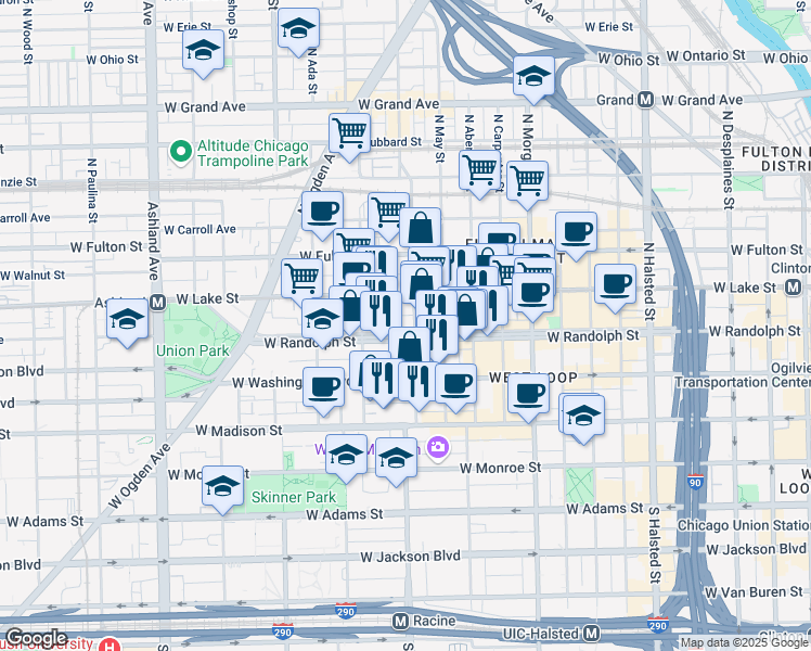 map of restaurants, bars, coffee shops, grocery stores, and more near 1200 West Randolph Street in Chicago