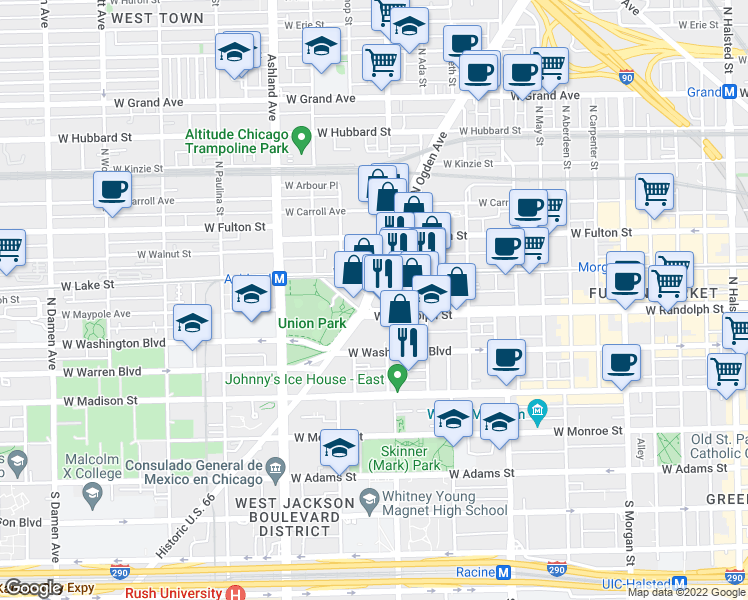 map of restaurants, bars, coffee shops, grocery stores, and more near 151 North Ogden Avenue in Chicago