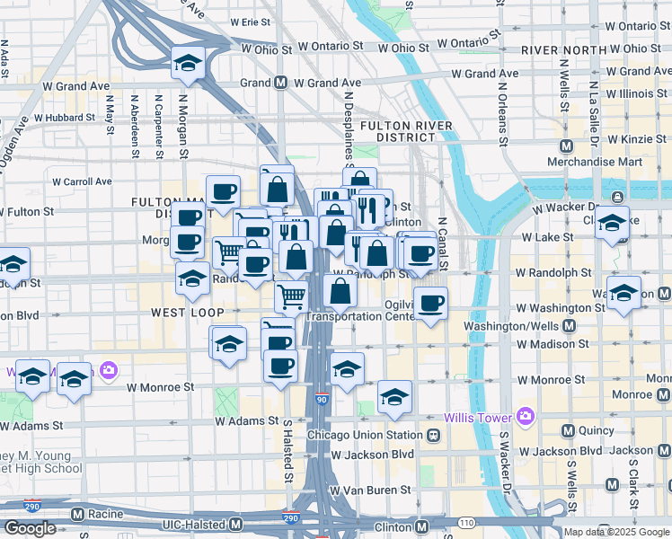 map of restaurants, bars, coffee shops, grocery stores, and more near 648w West Randolph Street in Chicago