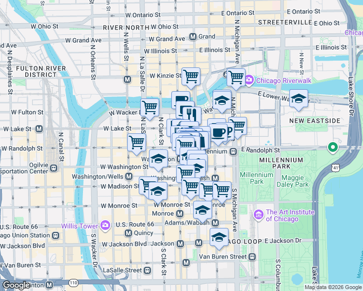 map of restaurants, bars, coffee shops, grocery stores, and more near 36 West Randolph Street in Chicago