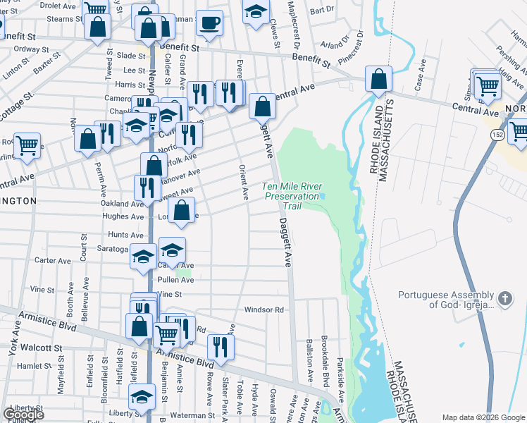map of restaurants, bars, coffee shops, grocery stores, and more near 25 Hutchinson Avenue in Pawtucket