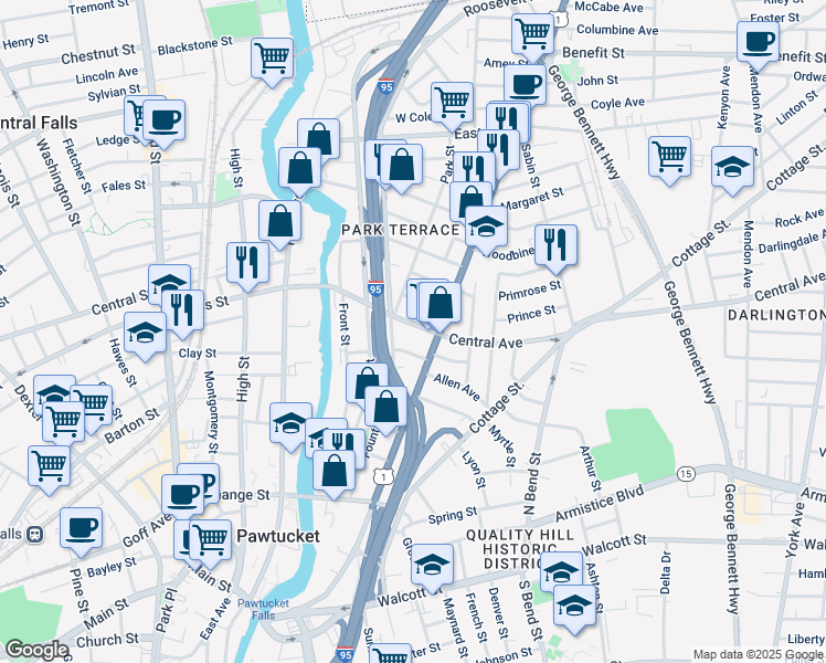 map of restaurants, bars, coffee shops, grocery stores, and more near 89 Central Avenue in Pawtucket