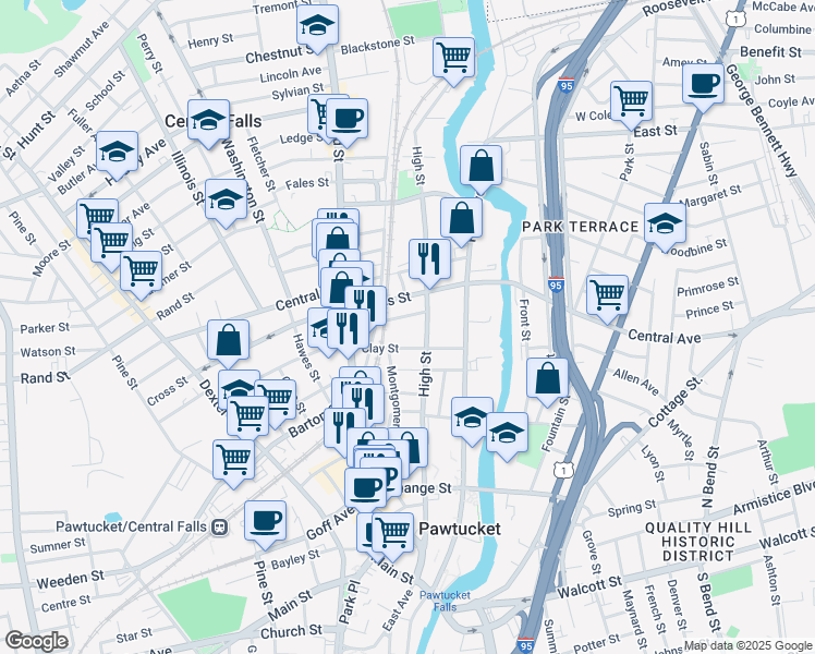 map of restaurants, bars, coffee shops, grocery stores, and more near 40 Jenks Street in Central Falls
