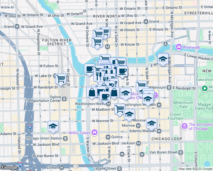 map of restaurants, bars, coffee shops, grocery stores, and more near 218 West Randolph Street in Chicago