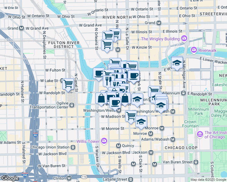 map of restaurants, bars, coffee shops, grocery stores, and more near 218 West Randolph Street in Chicago
