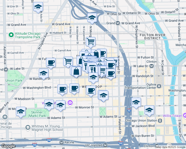 map of restaurants, bars, coffee shops, grocery stores, and more near 1006 West Randolph Street in Chicago