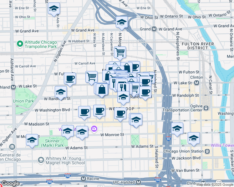 map of restaurants, bars, coffee shops, grocery stores, and more near 1006 West Randolph Street in Chicago