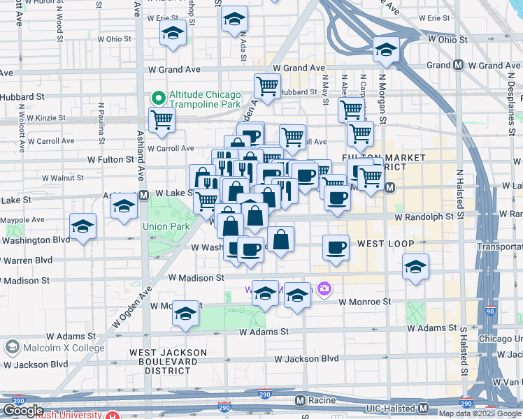 map of restaurants, bars, coffee shops, grocery stores, and more near 1334 West Randolph Street in Chicago