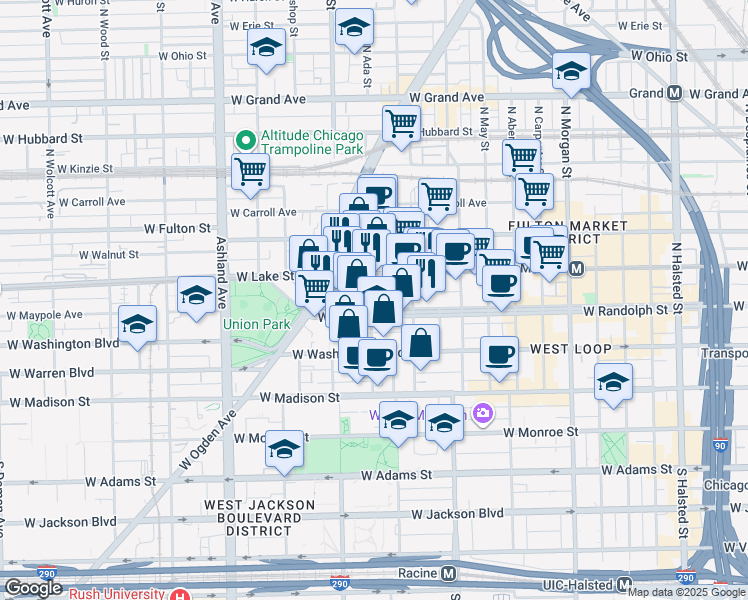 map of restaurants, bars, coffee shops, grocery stores, and more near 1334 West Randolph Street in Chicago