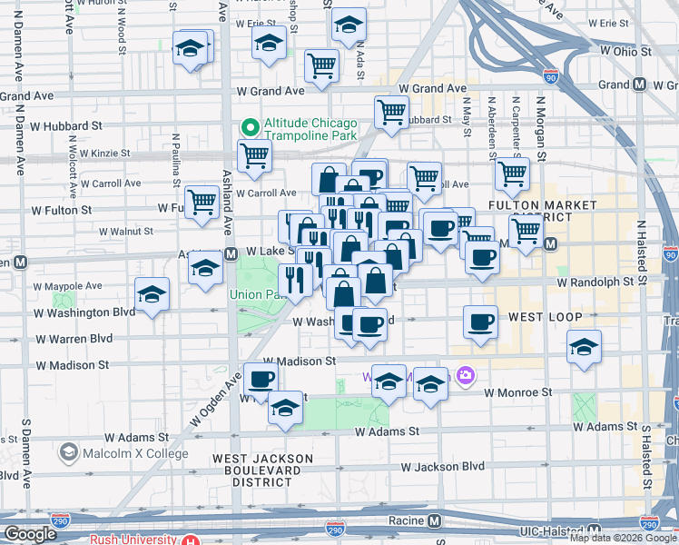 map of restaurants, bars, coffee shops, grocery stores, and more near 1364 West Randolph Street in Chicago