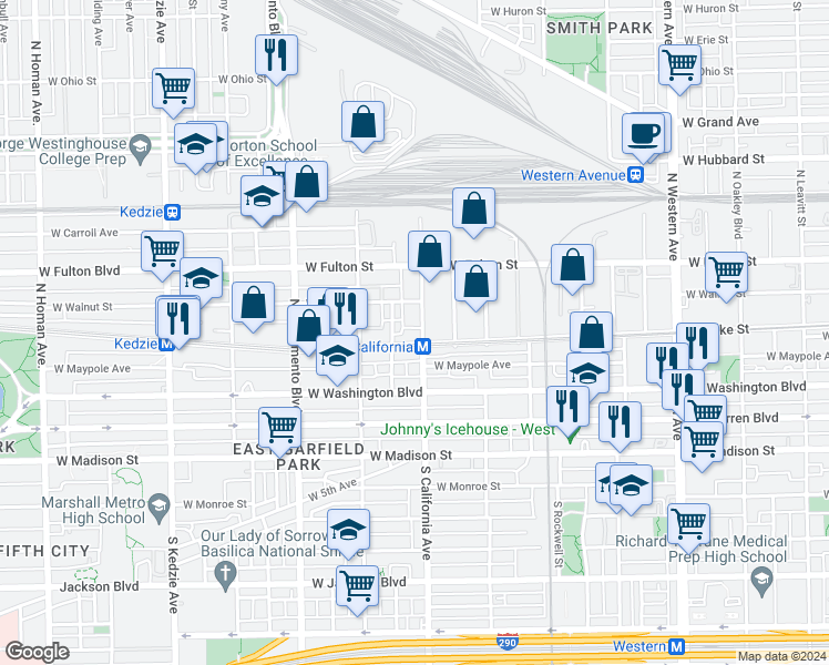 map of restaurants, bars, coffee shops, grocery stores, and more near 2750 West Lake Street in Chicago