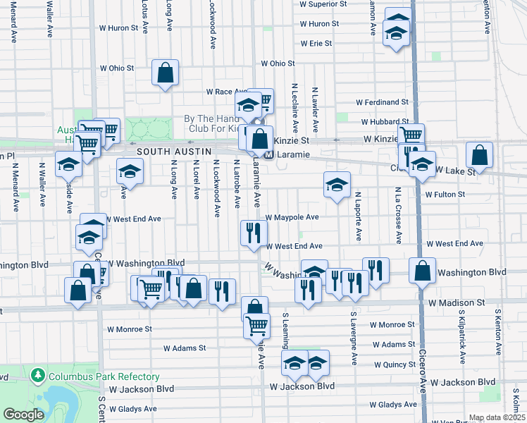 map of restaurants, bars, coffee shops, grocery stores, and more near 200 North Leamington Avenue in Chicago