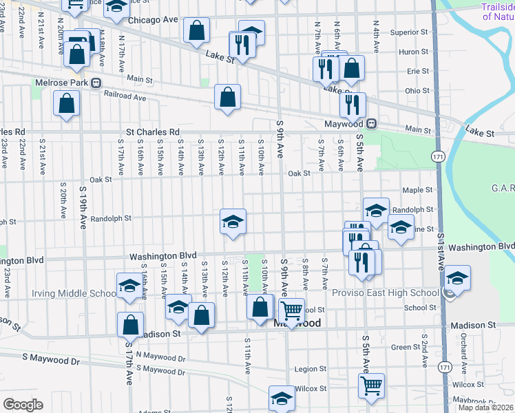 map of restaurants, bars, coffee shops, grocery stores, and more near 317 South 11th Avenue in Maywood