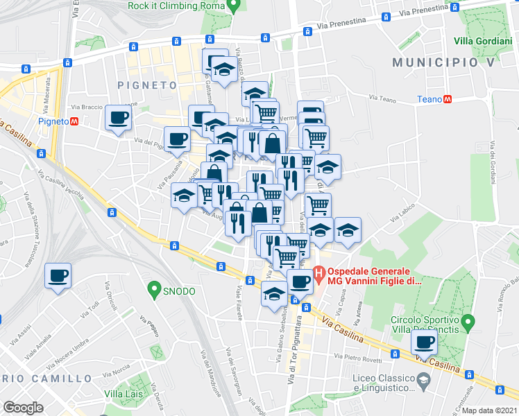 map of restaurants, bars, coffee shops, grocery stores, and more near 45 Via Attilio Zuccagni Orlandini in Roma