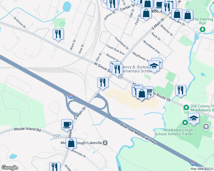 map of restaurants, bars, coffee shops, grocery stores, and more near 146 South Main Street in Middleborough