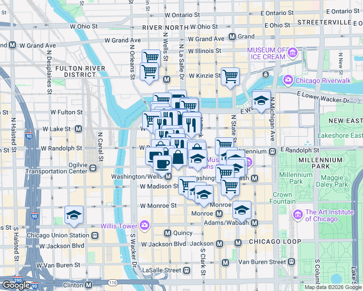 map of restaurants, bars, coffee shops, grocery stores, and more near 160 North LaSalle Street in Chicago