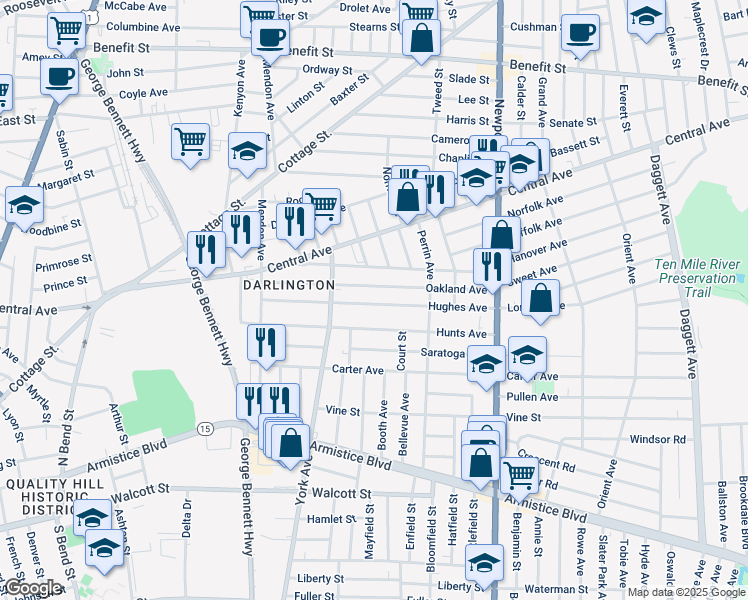map of restaurants, bars, coffee shops, grocery stores, and more near 160 Hughes Ave in Pawtucket
