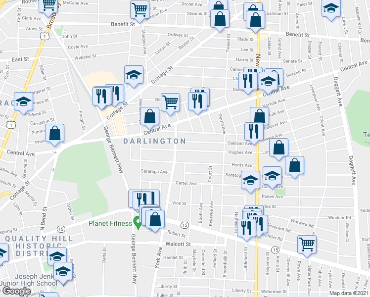 map of restaurants, bars, coffee shops, grocery stores, and more near 130 Hughes Avenue in Pawtucket