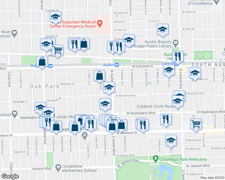 map of restaurants, bars, coffee shops, grocery stores, and more near 214 North Austin Boulevard in Oak Park
