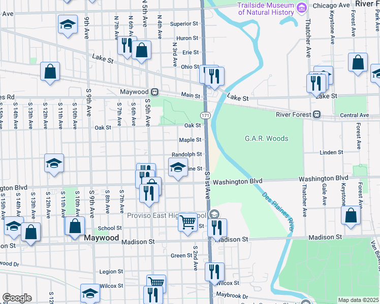 map of restaurants, bars, coffee shops, grocery stores, and more near 316 South 2nd Avenue in Maywood
