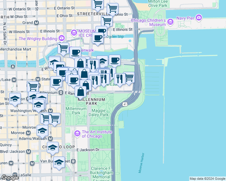 map of restaurants, bars, coffee shops, grocery stores, and more near 405 East Randolph Street in Chicago