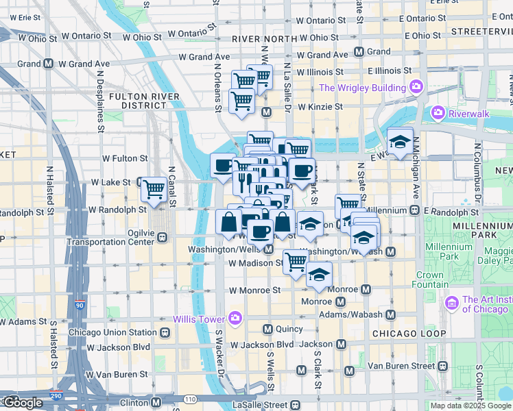 map of restaurants, bars, coffee shops, grocery stores, and more near 151 North Franklin Street in Chicago
