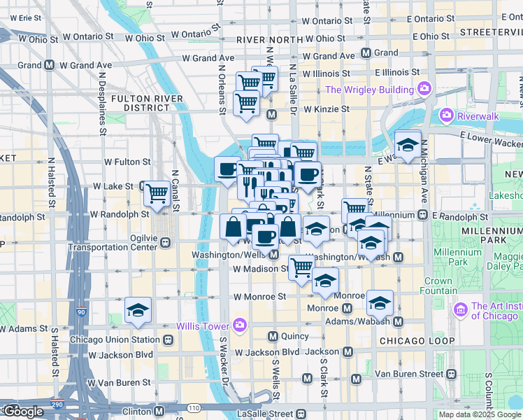 map of restaurants, bars, coffee shops, grocery stores, and more near 151 North Franklin Street in Chicago