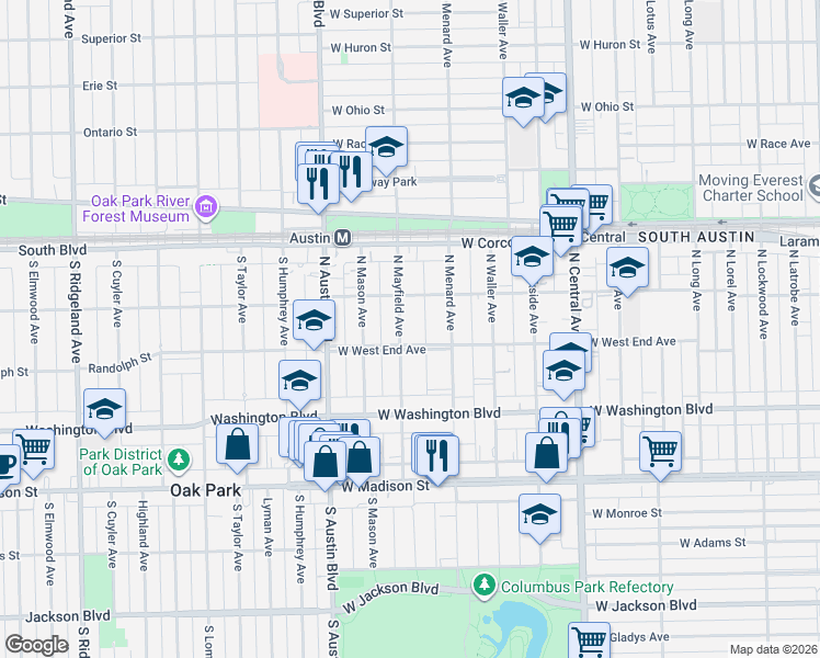 map of restaurants, bars, coffee shops, grocery stores, and more near 215 North Mayfield Avenue in Chicago