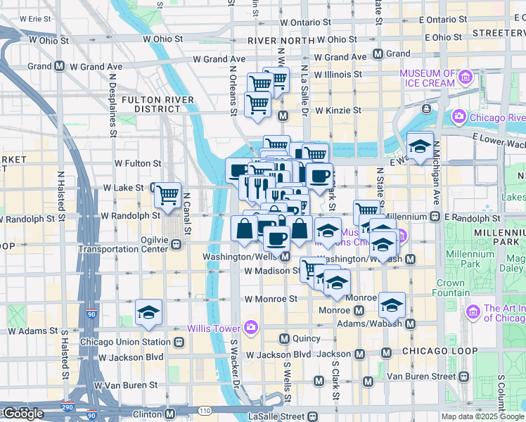 map of restaurants, bars, coffee shops, grocery stores, and more near 151 North Franklin Street in Chicago